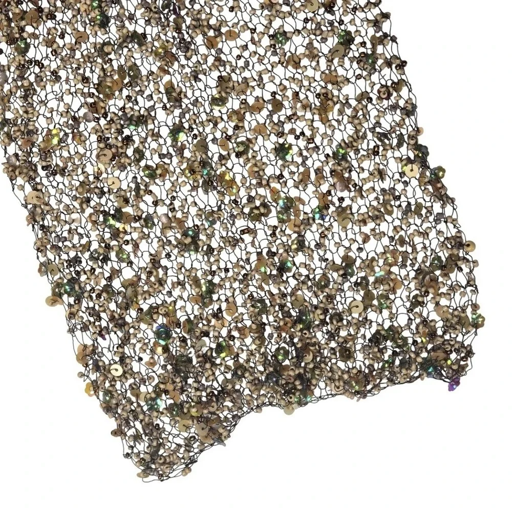 Hand Beaded Sequin Net Scarf Iridescent Evening Wrap Mermaid Forest Fairy